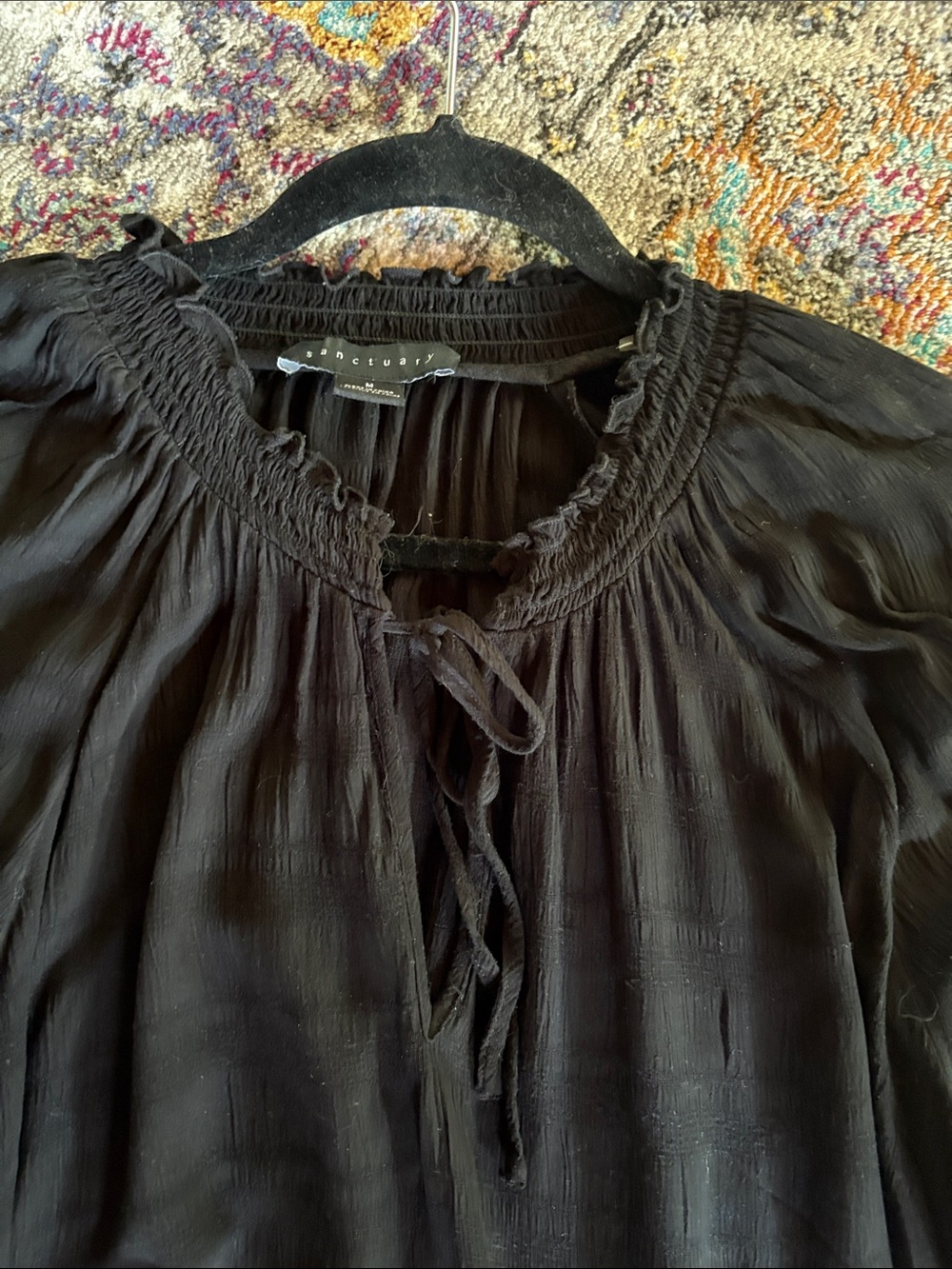 Sanctuary Black Peasant Blouse with Tie Neck